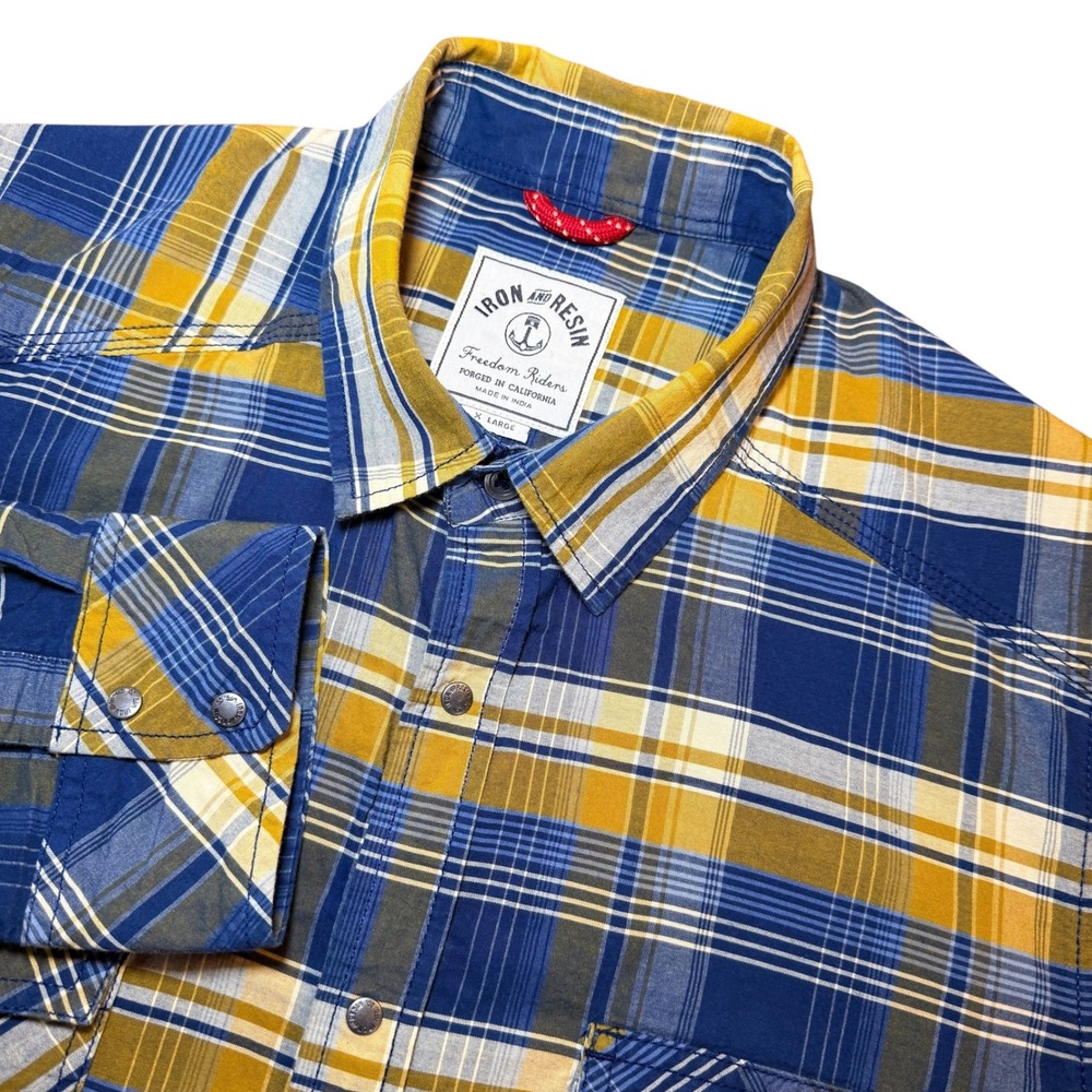 Iron and Resin Freedom Riders Blue Yellow Plaid Western Snap Shirt Mens XL